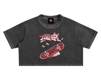 High End Quality Y2K Cat Skateboard Crop Top: Snow Washed Vintage Graphic Tee