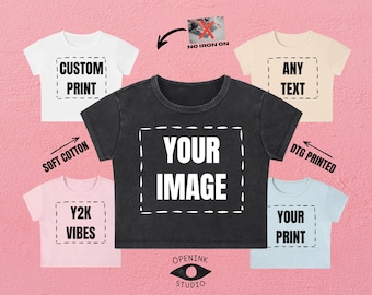 Benutzerdefinierte Schnee gewaschen Crop Top, personalisierte Foto Text T-Shirt, Y2K Streetwear Shirt