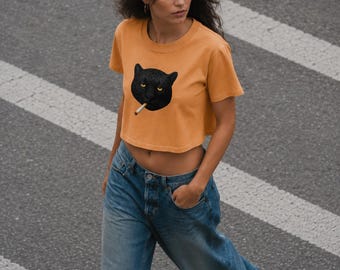 Smoking Black Cat Snow Washed Crop T-Shirt - Faules cooles Katzen-T-Shirt, y2k Baddie Aestetic Tee, Zigarette Grafik, Streetwear Vintage Cartoon Style