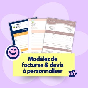 Peut inclure: Trois modèles de factures aux tons bleu, pêche et marron sont présentés sur un fond violet. Les factures comportent des sections pour les informations de l'entreprise, les détails des produits et les totaux. Le texte sur une bannière jaune indique "Modèles de factures & devis à personnaliser."