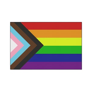 May include: A rectangular flag featuring the Progress Pride flag design. The flag has horizontal stripes in red, orange, yellow, green, blue, and purple. A chevron on the left includes light blue, pink, white, brown, and black.