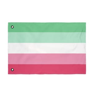 May include: A rectangular flag featuring horizontal stripes of green, white, pink, and red. The flag has eyelets at the top and bottom for hanging. The flag represents the aromantic community.