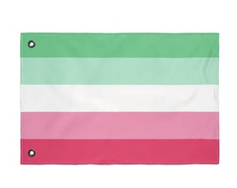 May include: A rectangular flag featuring five horizontal stripes in descending order of color: dark green, light mint green, white, light pink, and dark rose pink. The flag includes two black metal grommets positioned on the left side for hanging.