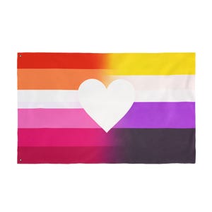 May include: A rectangular flag featuring a gradient of colors, including red, orange, white, pink, purple, and black. A large white heart is centered on the flag. The flag is designed with a non-binary pride theme.