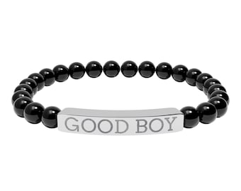 Good Boy Engraved Bar Bracelet | Natural Stone Black Onyx Stretch Pup Play Puppy Pride Jewelry