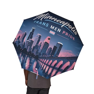 Minneapolis Trans Men Pride Paraply Twin Cities FTM Transmasc Skyline Vattentät Regn UV Solskydd Parasoll Queer Festival Resepresent