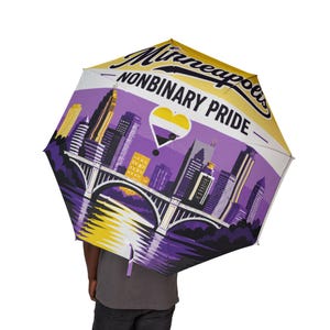 Minneapolis Icke-binär Pride Paraply Twin Cities Enby Flagga Skyline Vattentät Regn UV Solskydd Queer Festival Parad HBTQ Resepresent
