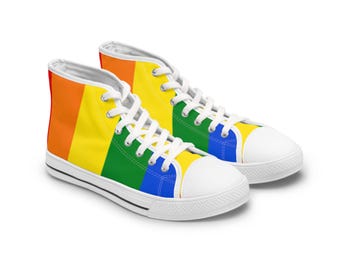 Tênis de cano alto com listras do arco-íris | Tênis de lona do Orgulho LGBTQIA+ | Tênis femininos coloridos