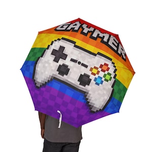 Rainbow Gaymer Umbrella Retro Pixel Game Controller Pride Parasol LGBTQ Gamer Gift Foldable Rain Sun Shade Festival Accessory