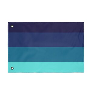 May include: A rectangular flag with horizontal stripes in shades of blue and teal. The flag has a dark blue top stripe, followed by medium and light blue stripes, and a teal bottom stripe. Grommets are visible at the top and bottom.