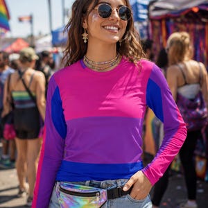 Bisexual Pride Long Sleeve Shirt Bi Flag Stripe Athletic Top LGBTQ Performance Tee for Men Women Nonbinary Queer Outfit