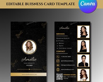 Carte de visite de coiffeur moderne, motif sur toile modifiable à faire soi-même, code QR luxueux or et noir