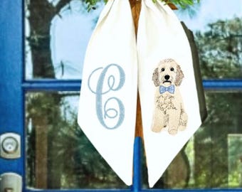 Personalized Dog Wreath Sash | Embroidered Doodle Dog Monogram Bow Décor