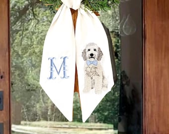 Personalized Dog Wreath Sash | Embroidered Doodle Dog Monogram Bow Décor