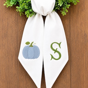 Embroidered Blue Pumpkin Monogram Wreath Sash | Personalized Fall Door Hanger, Farmhouse Decor