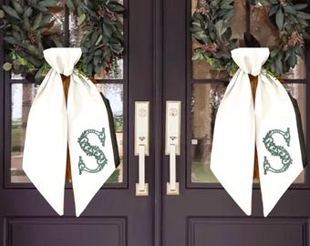 Floral Script Monogram Wreath Sash | Personalized Front Door Decor, Embroidered Initial Bow