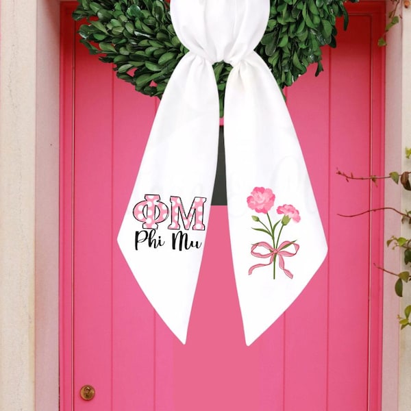 Phi Mu Wreath Sash | Pink Carnation Sorority Door Hanger | Greek Life Decor