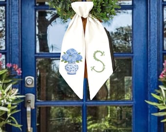 Blue Hydrangea Wreath Sash, Chinoiserie Vase Monogram Door Decor, Custom Initial Bow