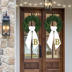 Floral Script Monogram Wreath Sash | Personalized Front Door Decor, Embroidered Initial Bow