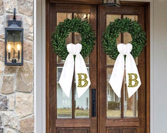 Floral Script Monogram Wreath Sash | Personalized Front Door Decor, Embroidered Initial Bow