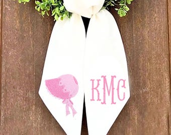 Baby Girl Bonnet Wreath Sash | Pink Monogram Door Hanger | Personalized Initial Door Decor | Nursery Door Sash | Southern Baby Decor