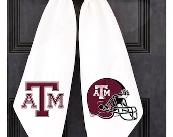 Texas A&M Aggie Football Wreath Sash, Game Day Decor, White Cotton Fabric (54" x 5")