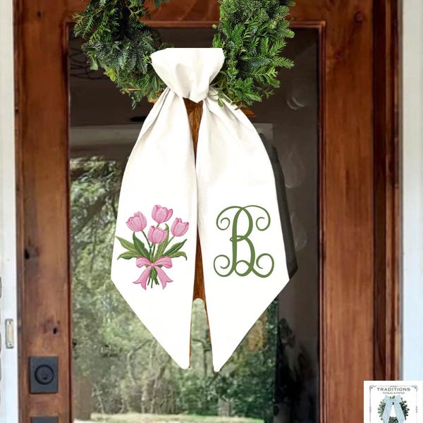 Personalized Tulip Wreath Sash – Monogrammed Spring Door Décor