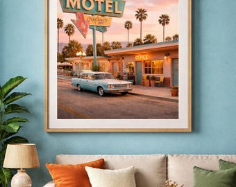 Print dennenappel motel – vintage Americana muurkunst langs de weg