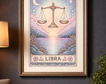 May include: Framed Libra zodiac art print. The artwork features a balance scale with star accents, a crescent moon, and a sunset over water. The colour palette includes soft blues, pinks, and gold tones. The word "LIBRA" is displayed at the bottom.