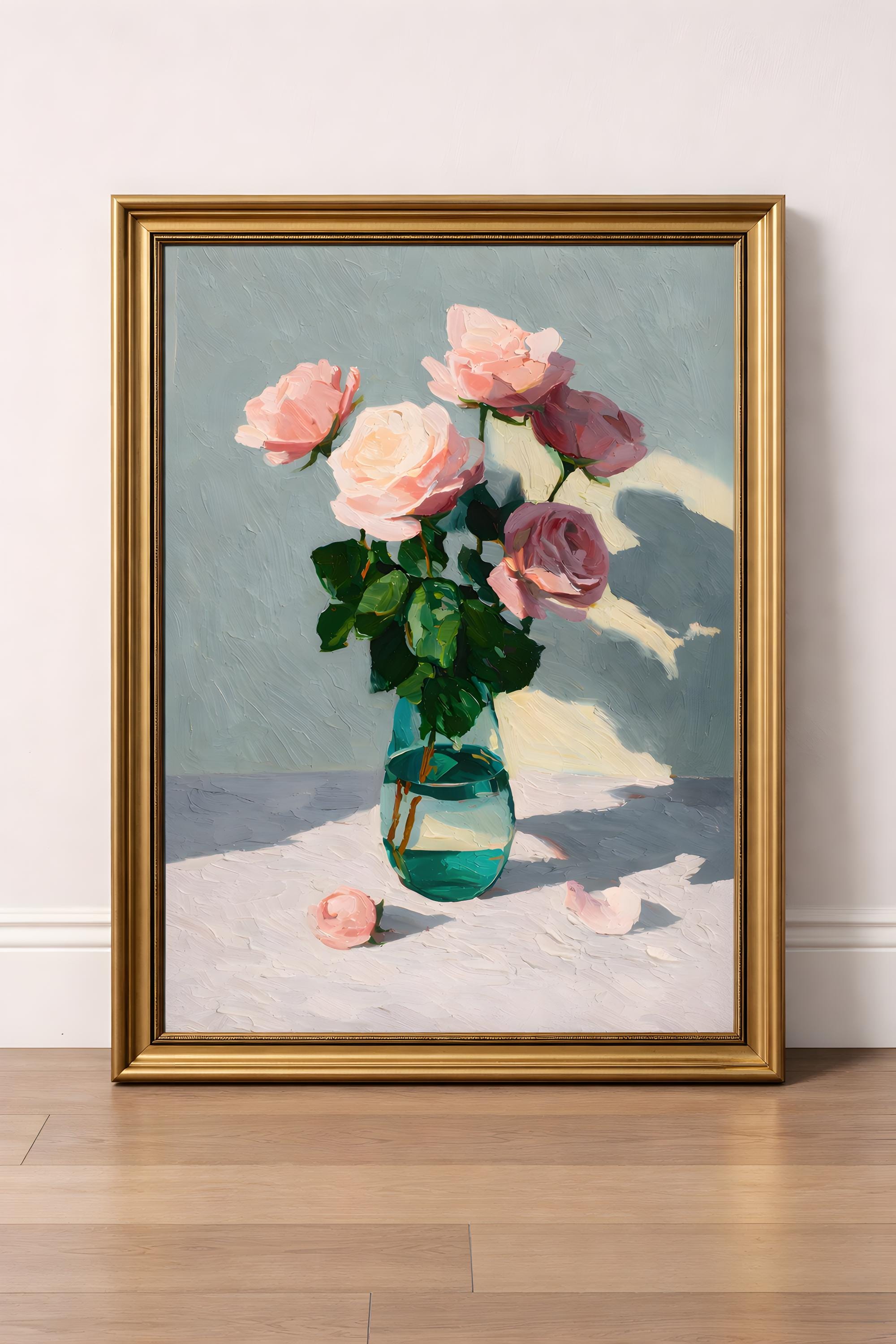 Pink Rose Bouquet Art Print | Still Life Floral Painting | Turquoise ...