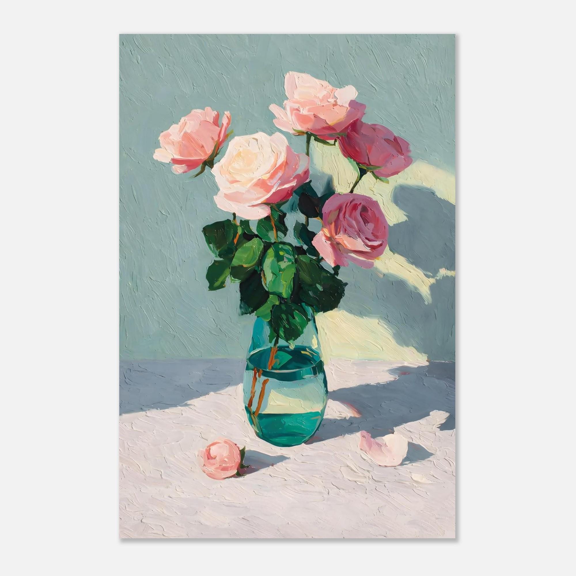 Pink Rose Bouquet Art Print | Still Life Floral Painting | Turquoise ...