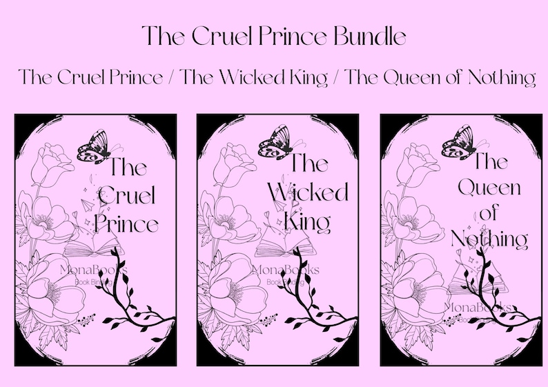Puede incluir: Un conjunto de tres portadas de libros sobre un fondo rosa claro. Cada portada presenta un dise&ntilde;o floral en blanco y negro, una mariposa y los t&iacute;tulos "The Cruel Prince", "The Wicked King" y "The Queen of Nothing".
