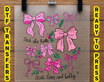 Christmas Bow DTF Transfer, Pink Holiday Bow Tree Ready To Press Transfer, Christmas Shirt Heat Press Design, Festive T Shirt Transfer