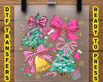 Christmas Bow DTF Transfer, Pink Holiday Bow Tree Ready To Press Transfer, Christmas Shirt Heat Press Design, Festive T Shirt Transfer