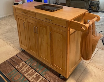 Mobile Kitchen Cart with Natural Wood Finish, Rolling Kitchen Island Storage Cabinet
