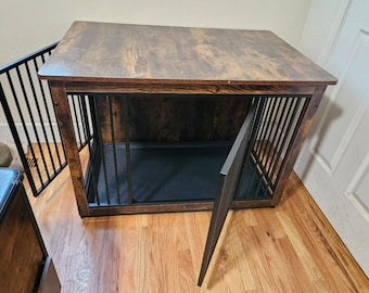 Wooden Dog Crate Indoor Kennel Dogs, Double Door Cage End Table with Enclosed Base
