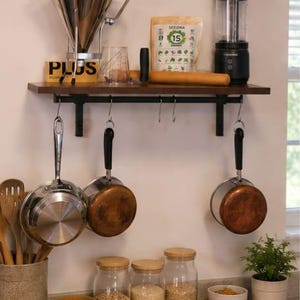 Wooden Wall Mounted Pan Rack Set, Kitchen Hanging Shelves with Hooks, Space Saving decor