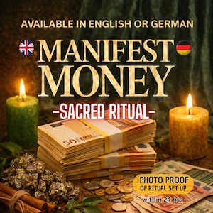May include: Image featuring stacks of Euro banknotes, coins, and lit candles. The text "MANIFEST MONEY - SACRED RITUAL - PHOTO PROOF OF RITUAL SET UP within 24 hrs" is displayed. The image has a spiritual or ritualistic theme.