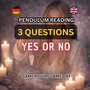 Könnte beinhalten: Ein Bild, das Pendel-Lesungen bewirbt. Der Text lautet "PENDULUM READING", "3 QUESTIONS" und "YES OR NO". Das Bild zeigt eine Frau, die ein Kristallpendel hält, umgeben von Kerzen und Rauch.