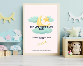 May include: A framed print titled "Bed Time Preparation Book" with a light pink background. The design features a crescent moon, star, and clouds. The text reads "A calm and gentle bedtime book for children."
