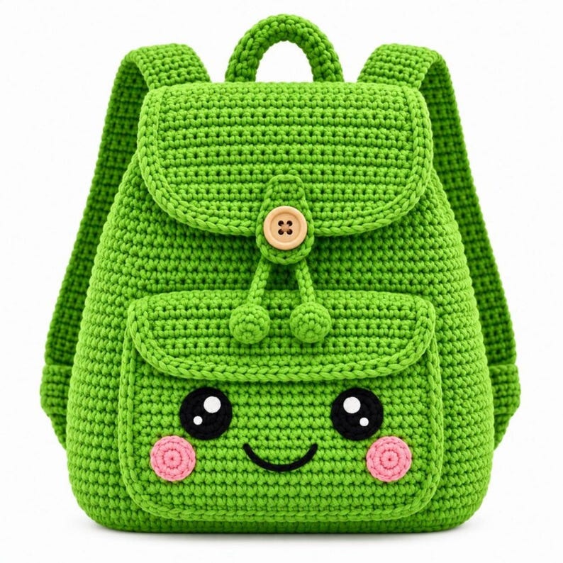 Pode incluir: Uma mochila de croch&ecirc; verde brilhante com um bolso frontal que apresenta um design de rosto sorridente. O rosto inclui olhos pretos com destaques brancos, uma boca preta bordada e duas bochechas circulares cor-de-rosa. Um bot&atilde;o de madeira fecha.