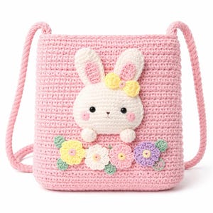 Può includere: Una borsa a tracolla rosa all'uncinetto con un coniglietto bianco con orecchie rosa e un fiocco giallo. La borsa è decorata con fiori all'uncinetto colorati e ha una tracolla in corda rosa.