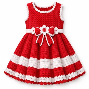 Wzór na szydełkową sukienkę dla niemowląt – elegancki styl w czerwone paski (0–3 lata)