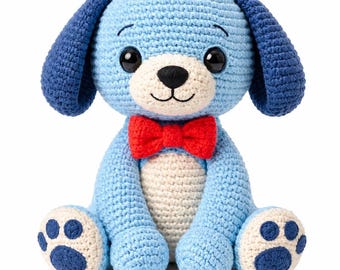 Crocheted Blue Dog Plush Toy with Red Bowtie, Amigurumi Puppy Stuffed Animal