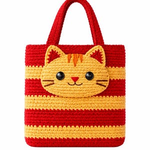 Op de afbeelding: Een handgemaakte gehaakte draagtas met een kattengezichtontwerp. De tas heeft rode en gele horizontale strepen. Het kattengezicht is geel met zwarte knoopogen, snorharen en een rode neus. De tas heeft een rode handgreep.
