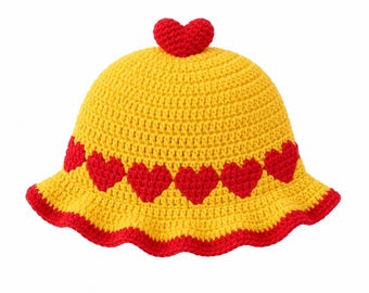 Crochet Baby Hat Pattern: Yellow Hearts Bucket Hat (Digital Download)