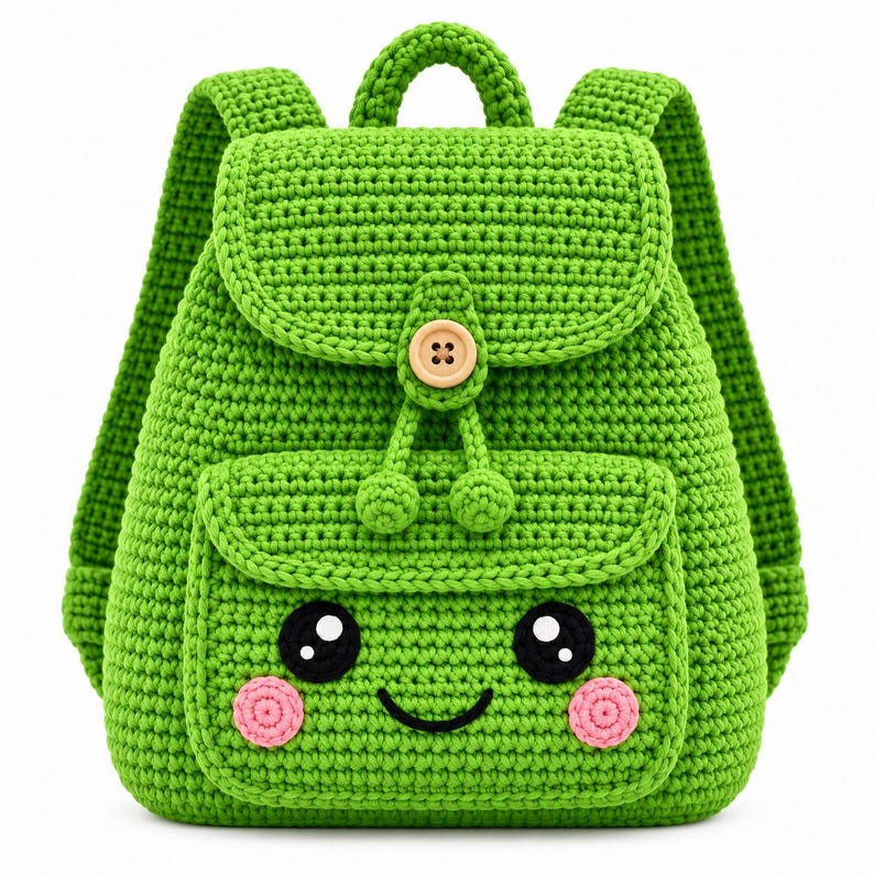 Pode incluir: Uma mochila de croch&ecirc; verde brilhante com uma aba superior presa por um bot&atilde;o de madeira marrom claro. O bolso frontal exibe um rosto sorridente com olhos pretos, boca preta e duas bochechas redondas cor-de-rosa. A bolsa tem duas al&ccedil;as.
