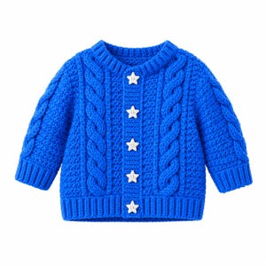 May include: A vibrant royal blue long-sleeve cardigan featuring a chunky cable knit pattern on the front and sleeves. The garment has a round neckline, ribbed cuffs and hem, and is fastened down the centre with five white star-shaped buttons.
