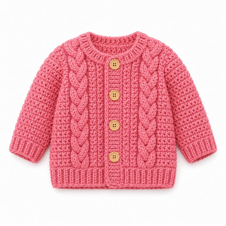 May include: A bright pink long-sleeve cardigan featuring a textured cable knit pattern on the front panels, a ribbed crew neckline, ribbed cuffs, and a ribbed hem. The garment is fastened with four light brown wooden buttons down the centre front.