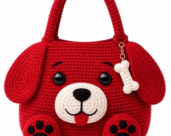 Red Crochet Dog Handbag: Whimsical Puppy Purse with Bone Charm
